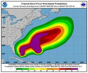 Imelda forecast to follow Humberto away from mainland